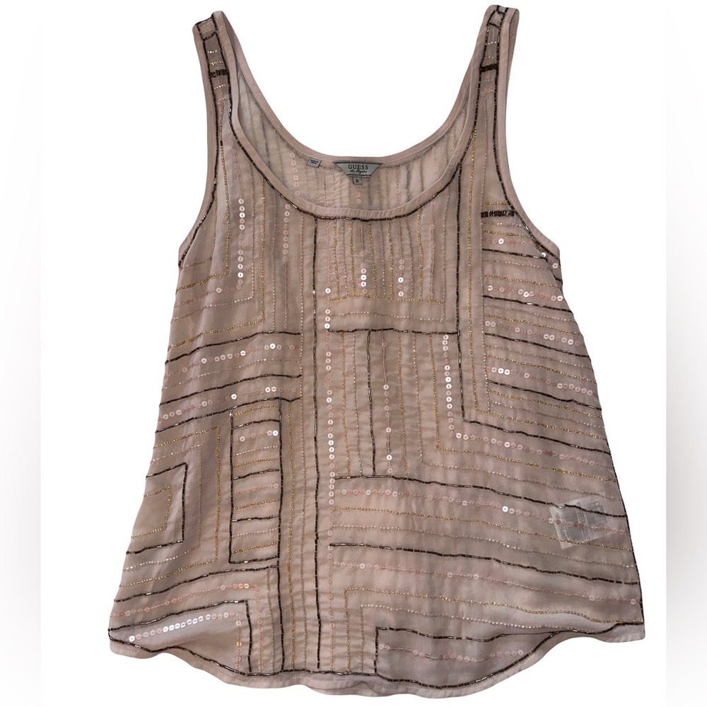Guess Los Angelas Women’s Sheer Metallic Beaded Tank Size S Excellent Condition